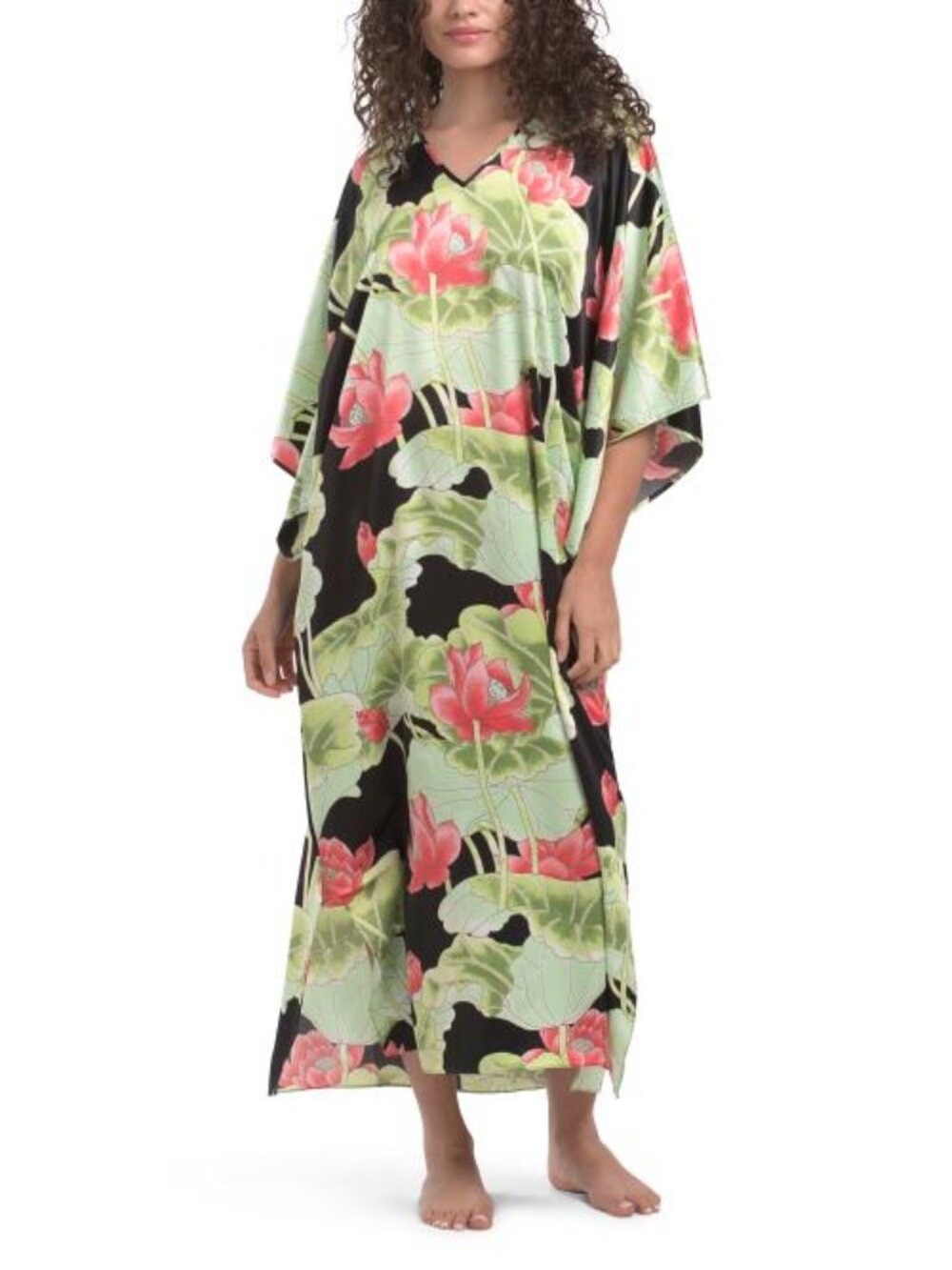 N NATORI Ascendant Lotus Printed Satin Butterfly Caftan